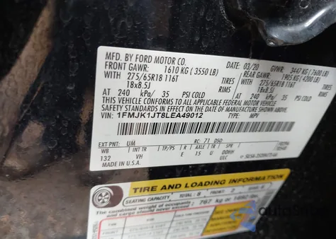 2020 Ford Expedition Xlt Max из США, поврежденный, VIN 1FMJK1JT8LEA49012